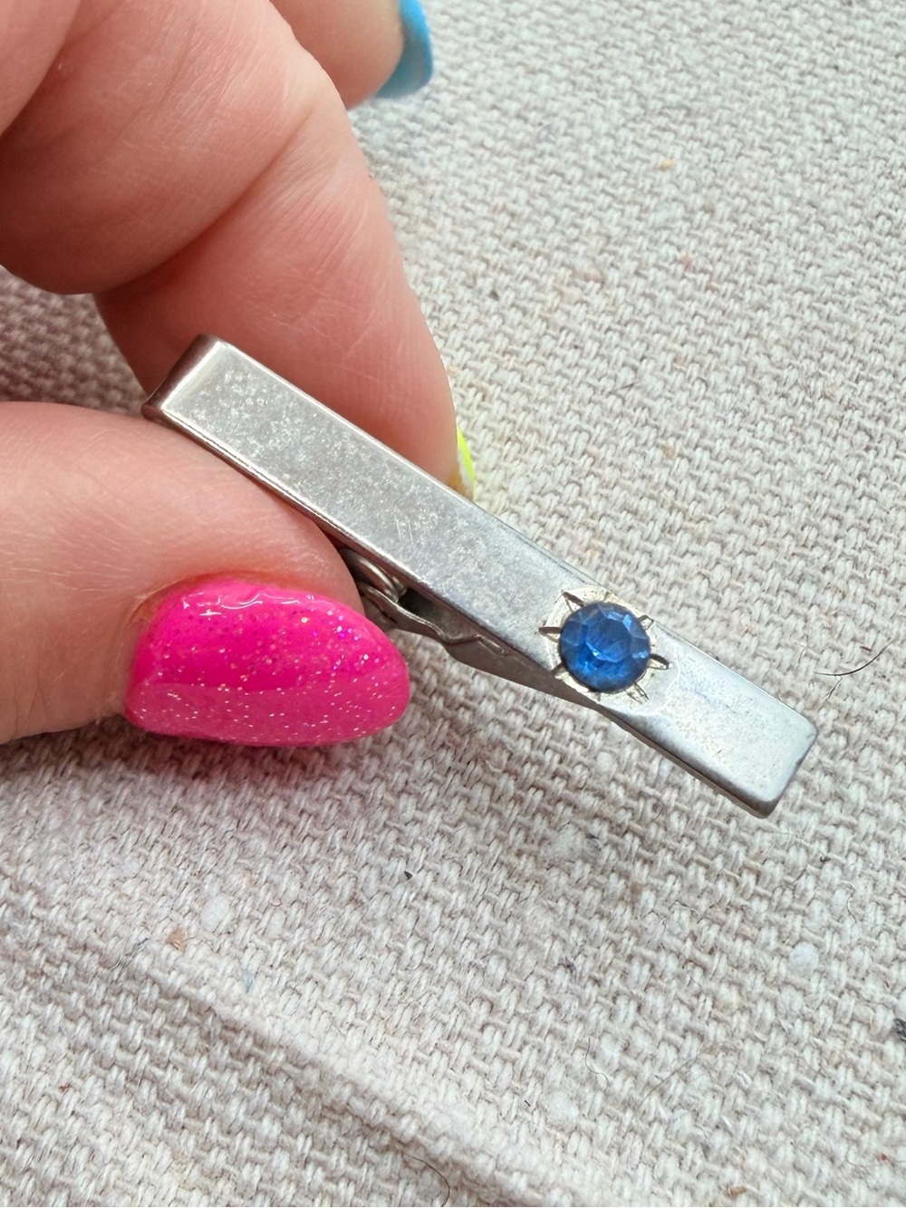 Silver Tie Clip with Blue Stone Accent